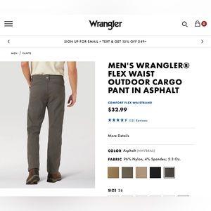 WRANGLER FLEX WAIST OUTDOOR CARGO PANT IN ASPHALT 36 x 30